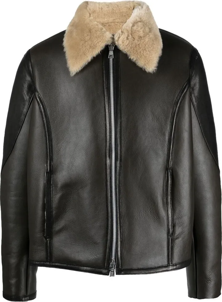 Shearling-Collar Leather Pilot Jacket