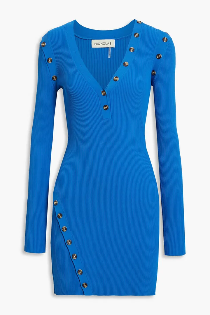 Jackie button-embellished ribbed-knit mini dress