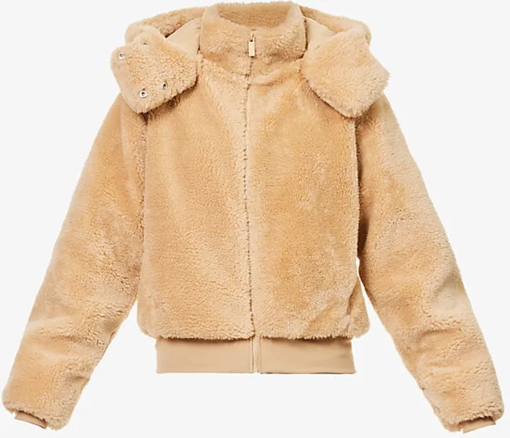 Womens Brown Foxy Brand-patch Faux-fur Jacket
