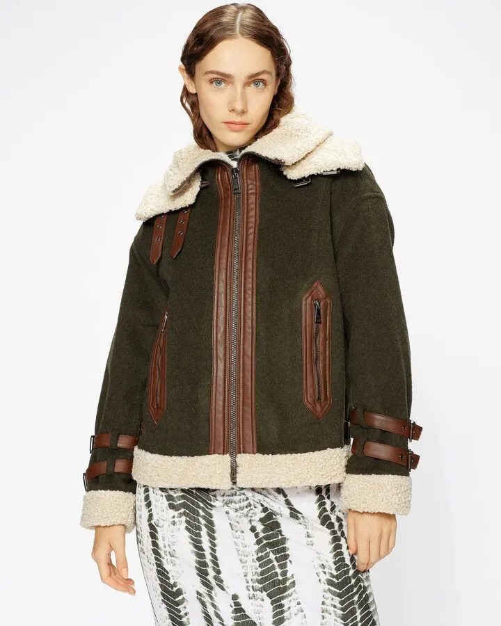 Faux Fur Aviator Jacket in Khaki