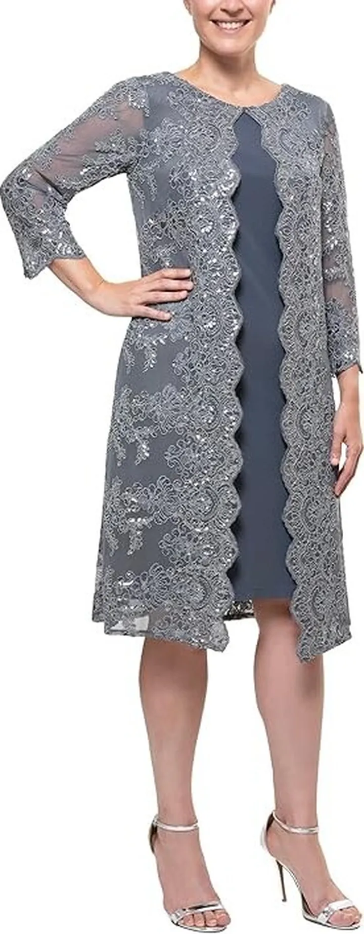 Alex Evenings Short Embroidered Mock Jacket Dress (Smoke) Women's Dress