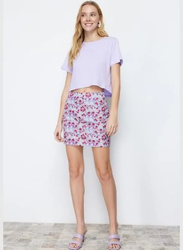 Purple Mini Woven Floral Skirt TWOSS22ET0326