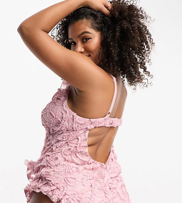 ASOS LUXE Curve 3D floral ruffle swimsuit with ruffle detail in pink