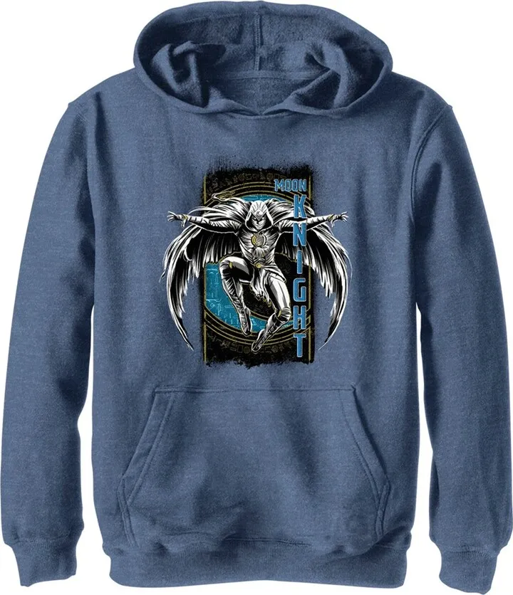 Boy's Marvel: Moon Knight Jumping Into Action From Above Pull Over Hoodie - Navy Blue Heather - Small