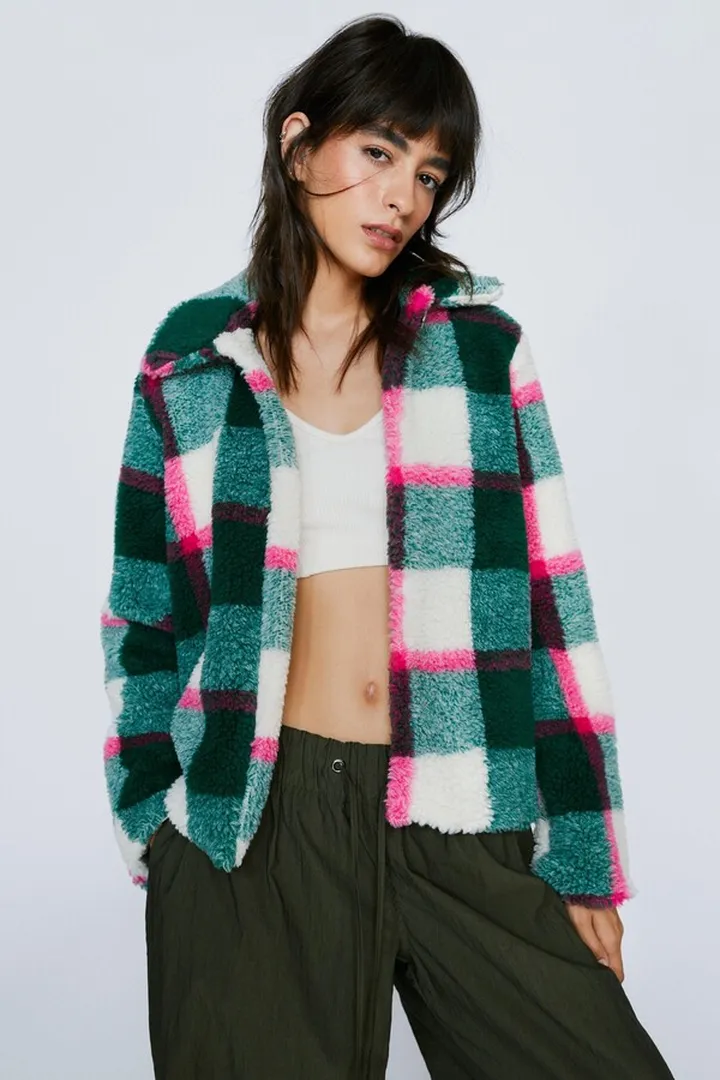 Nasty Gal Womens Check Print Faux Fur Cropped Jacket