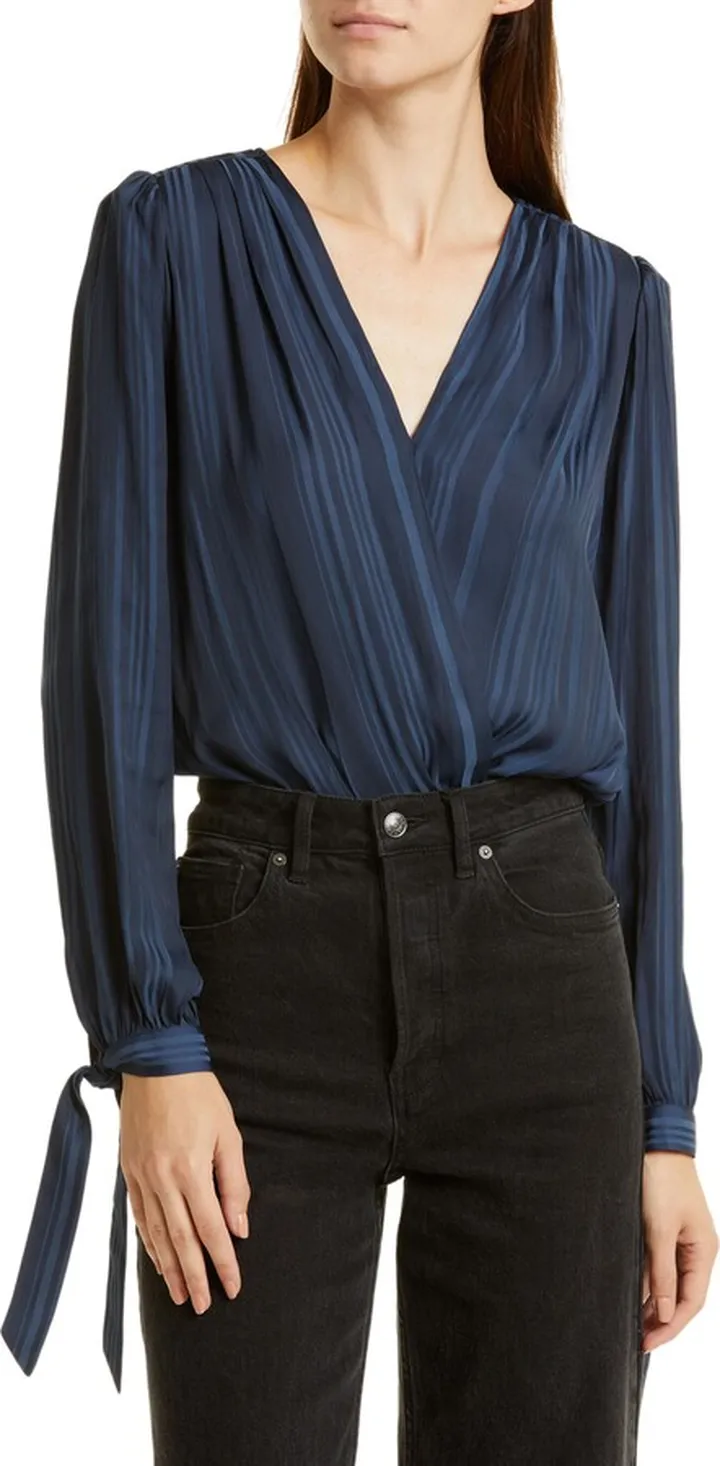 Donatella Stripe Surplice Satin Bodysuit