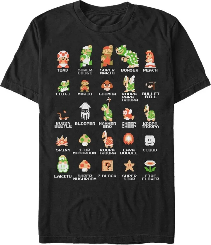 Men's Nintendo Super Mario Bros Character Guide T-Shirt - Black - 5X Large