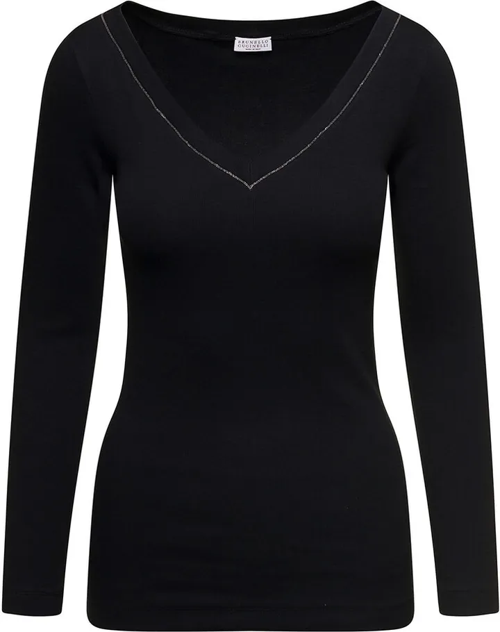 Black V-neck Pullover With Beads Detailing In Stretch Cotton Woman