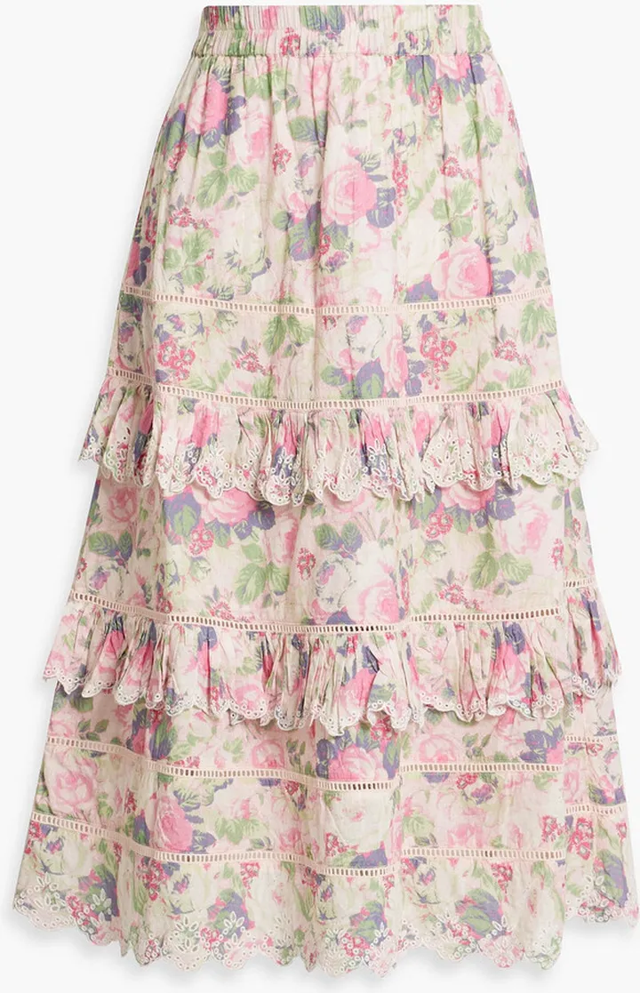 Naila tiered floral-print broderie anglaise cotton midi skirt
