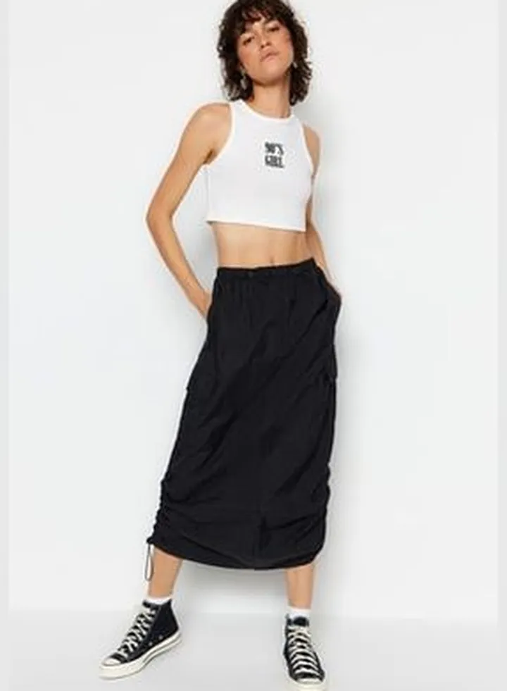 Black Parachute Fabric Midi Skirt TWOSS23ET00360
