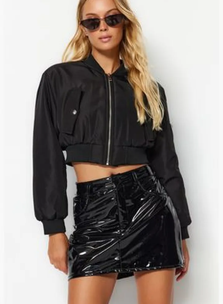 Black Shiny Faux Leather Mini Woven Skirt TWOAW24ET00176