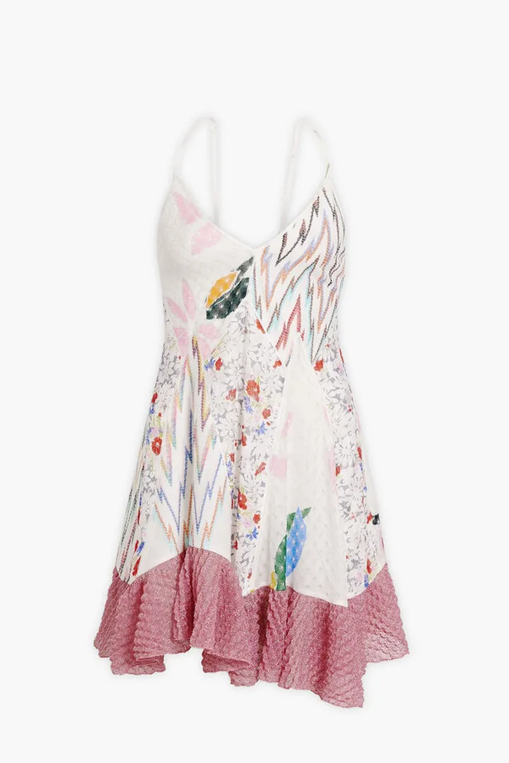 Ruffled patchwork-effect crochet-knit mini dress