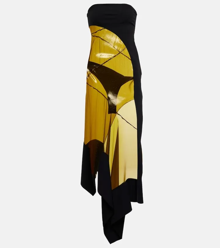 Sheer-paneled asymmetric midi dress