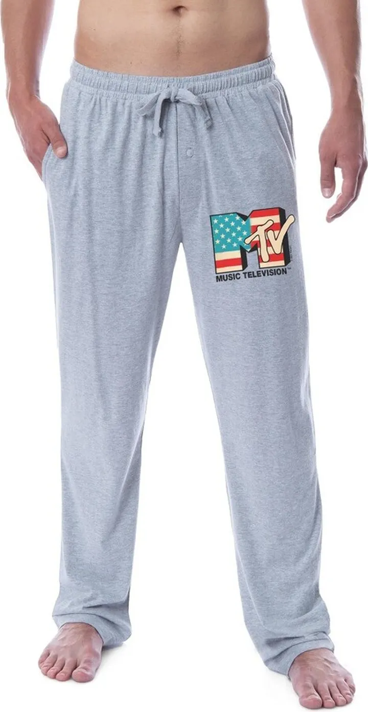MTV Mens' Music Television American Flag '80s Logo Sleep Pajama Pants (M) Grey