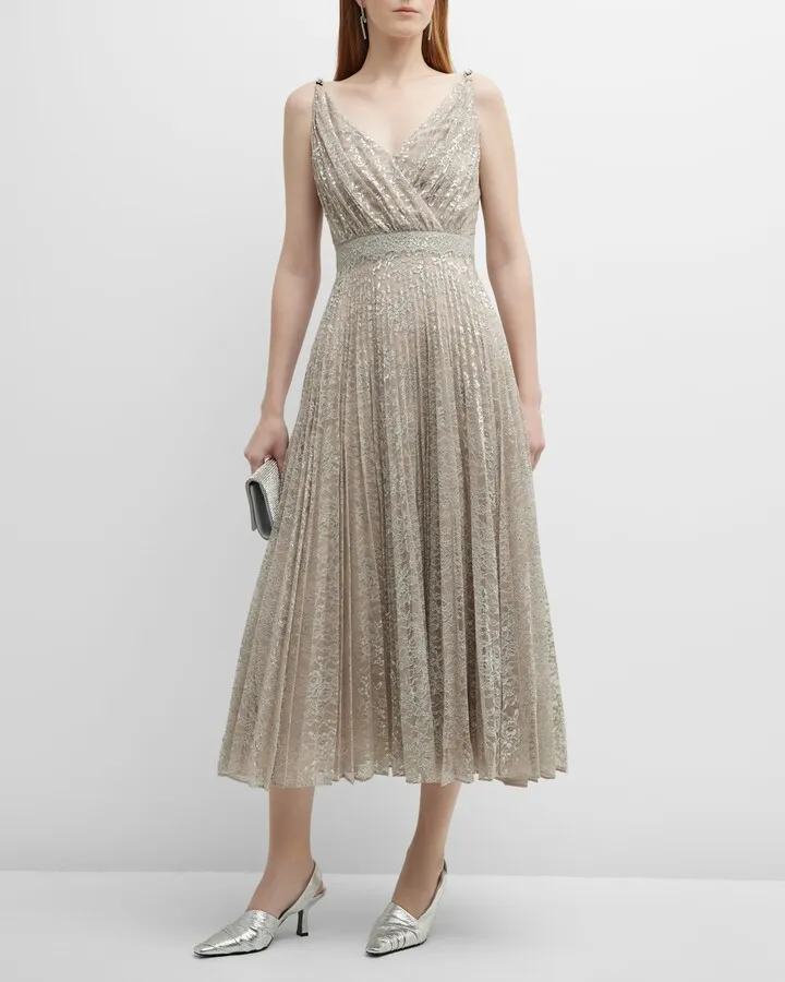 Metallic Lace Crystal-Straps Pleated Midi Dress