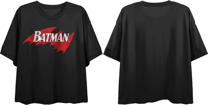 Batman Distressed Logo Women’s Black Boyfriend Crop T-Shirt-Small