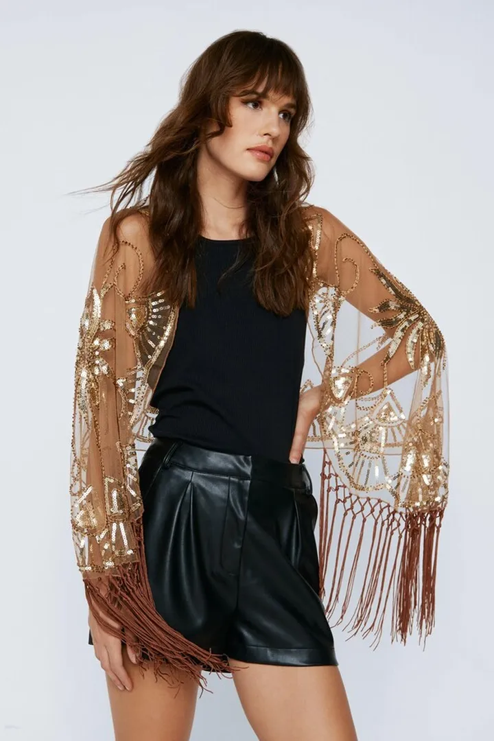 Nasty Gal Womens Sequin Embellished Fringed Shawl