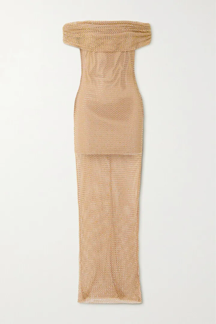 Self-Portrait - Off-the-shoulder Embellished Macramé Gown - Neutrals