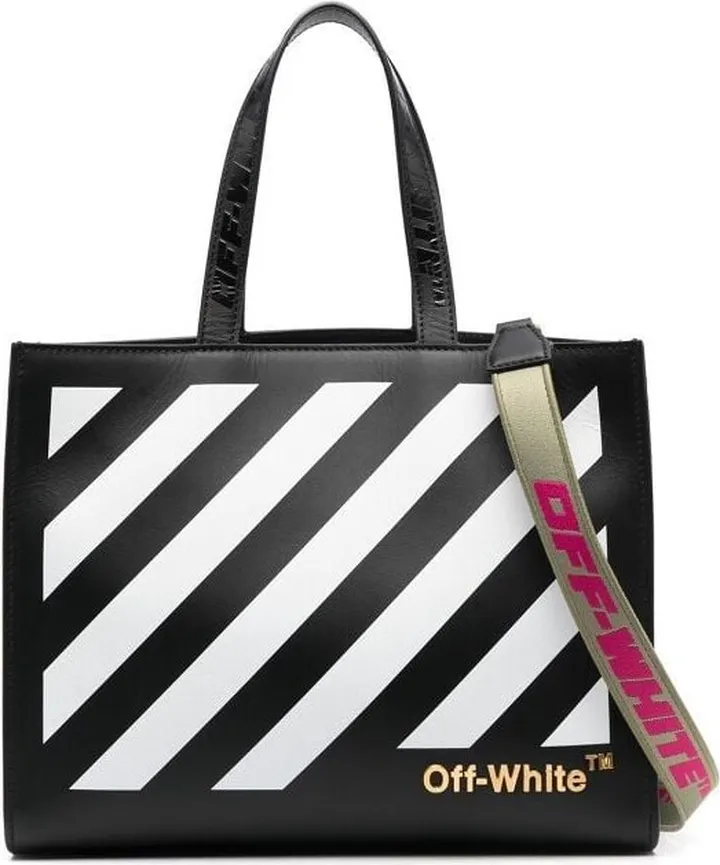 Black And White Diag Hybrid 28 Leather Tote Bag