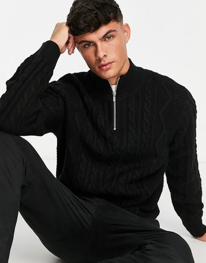 ASOS DESIGN heavyweight cable knit half zip sweater in black