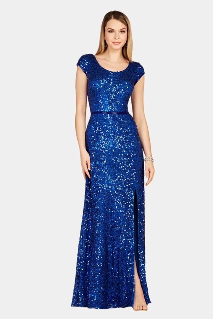 Beaded Cap Sleeve Dress With High Slit