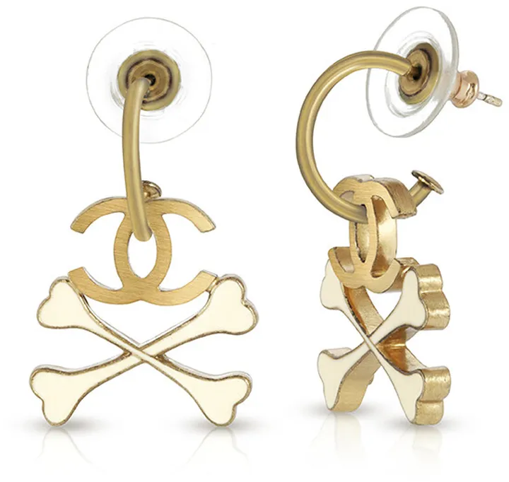 Vintage CC Enamel Pirate Bone Huggie Earrings