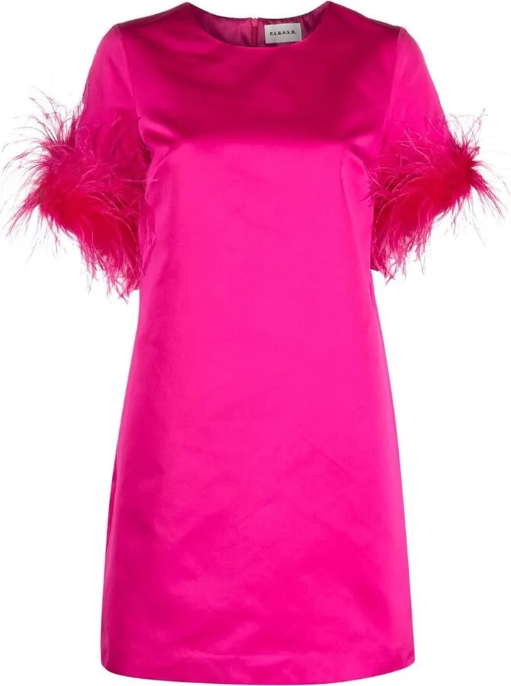 Feather-Trim Satin Dress
