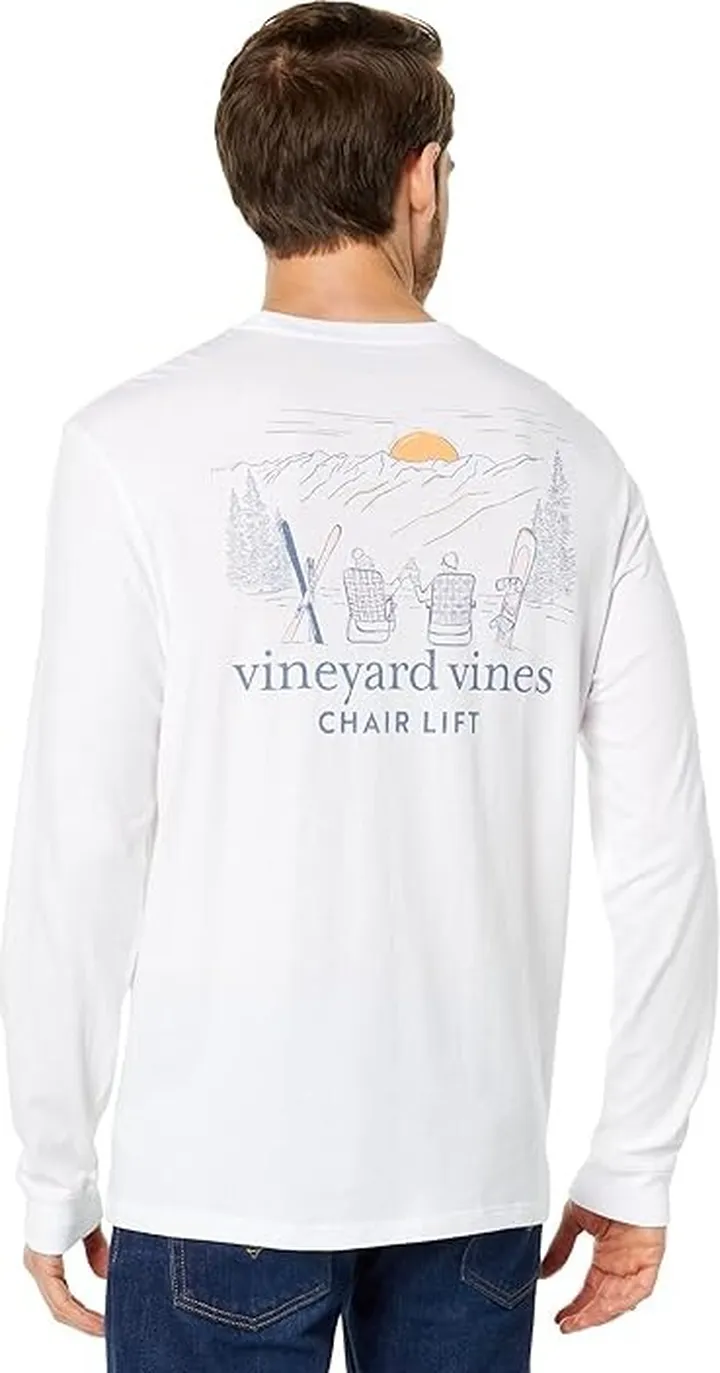 Vineyard Vines Chair Lift Long Sleeve Pocket Tee (White Cap) Men's Clothing
