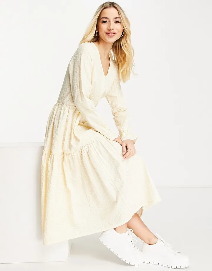 Monki seersucker smock midi dress in yellow