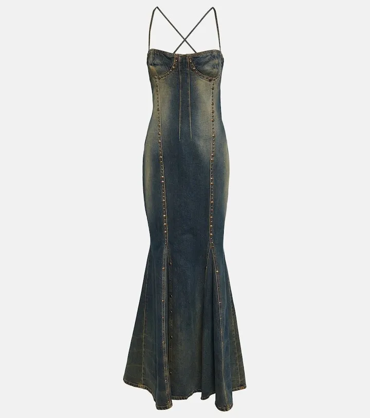 Embellished denim gown