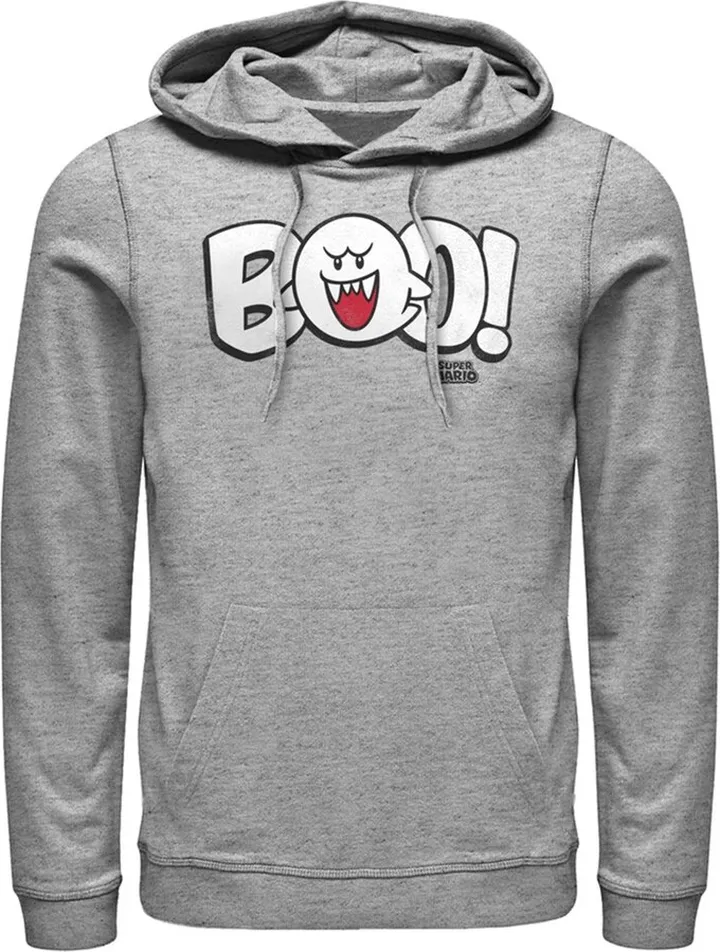 Men's Nintendo Mario Boo! Bubble Text Pull Over Hoodie - Athletic Heather - 3X Large