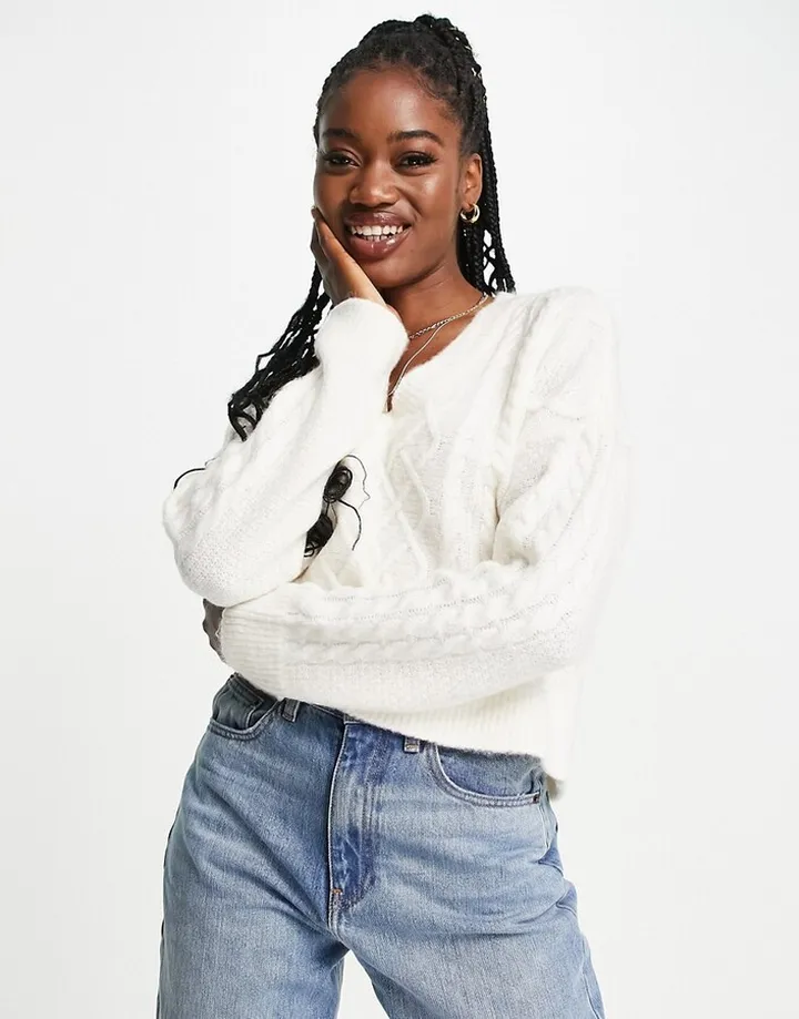 Abercrombie & Fitch cableknit v-neck sweater in white