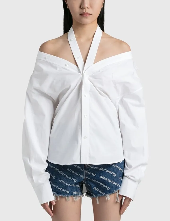 Off Shoulder Boyfriend Shirt With Halter Placket