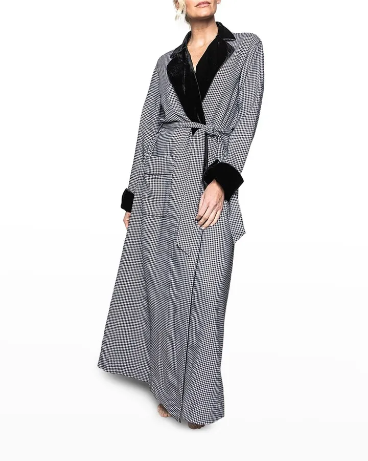 West End Houndstooth Velvet-Trim Robe