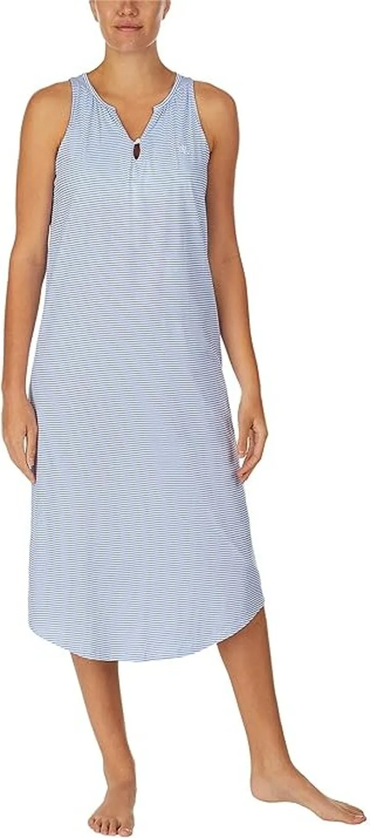 LAUREN Ralph Lauren Sleeveless Split-Neck Ballet Gown with Soft Bra (Blue Stripe) Women's Pajama