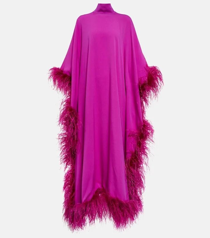 Feather-trimmed mockneck gown