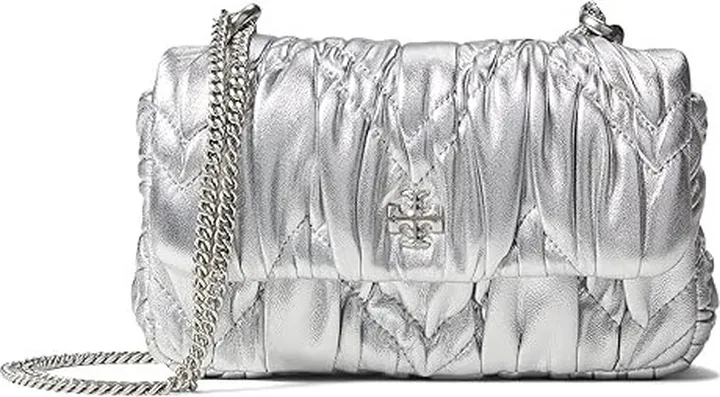 Tory Burch Kira Metallic Diamond Ruched Mini Flap Bag (Silver) Handbags