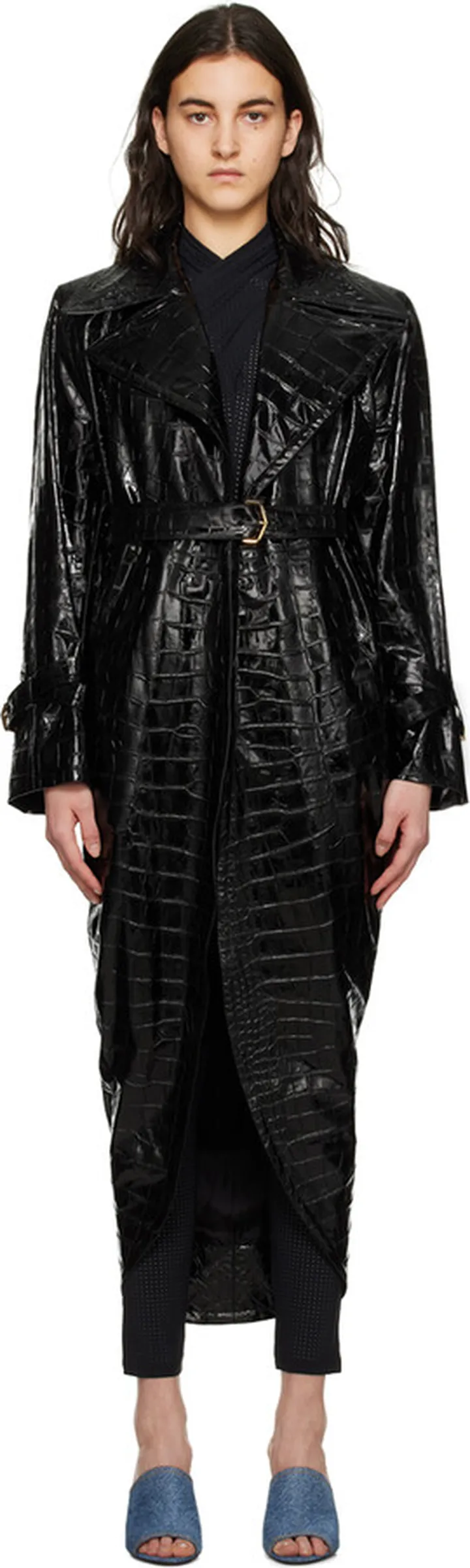 ALAÏA Black Croc Faux-Leather Trench Coat