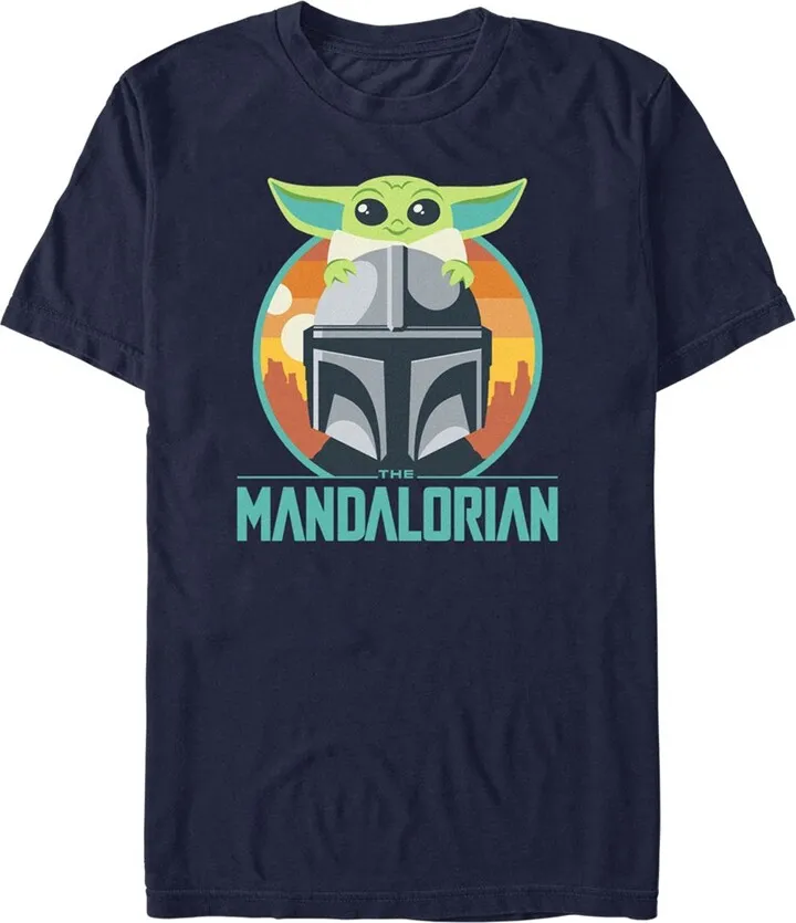 Men's Star Wars: The Mandalorian Cute Cartoon Din Djarin and Grogu T-Shirt - Navy Blue - Large