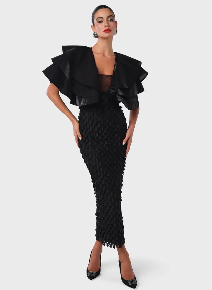 Appilqued Skirt Dress With Ruffle Bodice