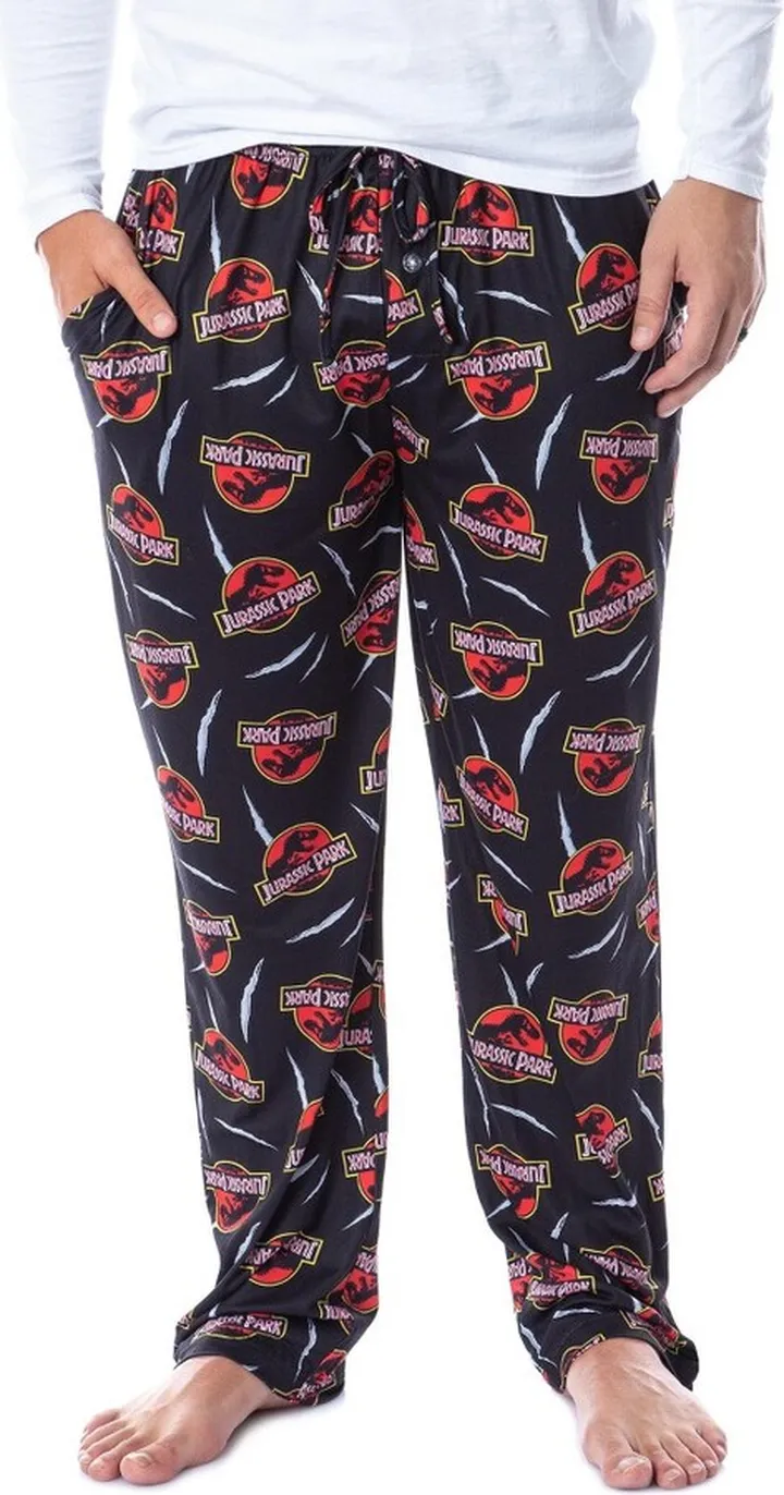 Jurassic Park Mens' Dinosaur Film Logo Scratches Sleep Pajama Pants (Large) Black