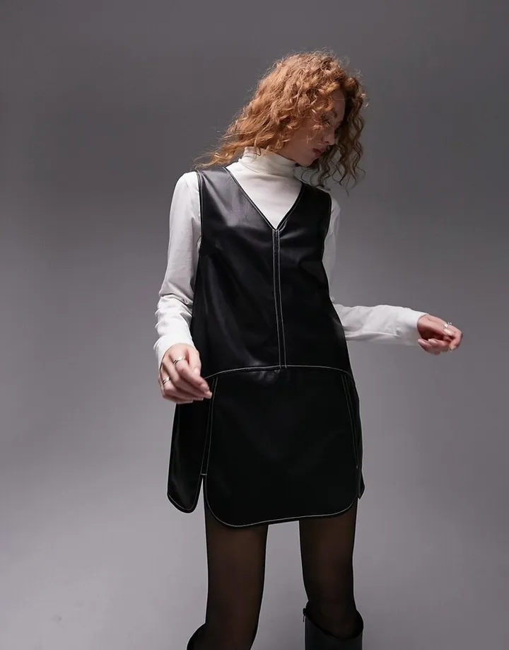 Topshop soft touch PU top stitch mini pinafore in black