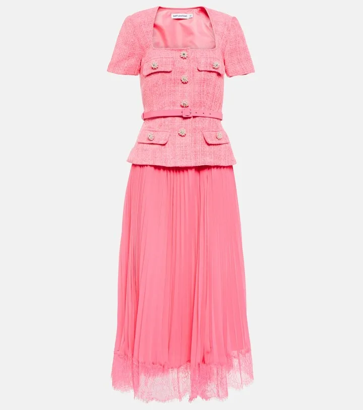 Boucle and chiffon midi dress