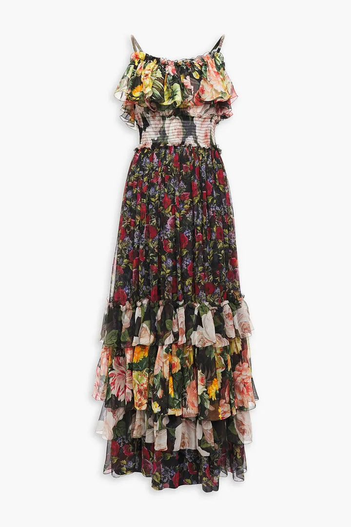 Tiered shirred floral-print silk-voile maxi dress