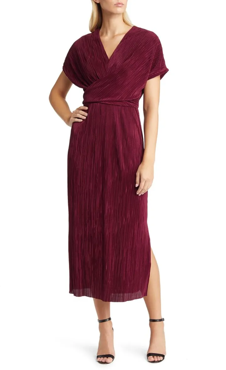 Twist Front Plissé Pleated Midi Dress