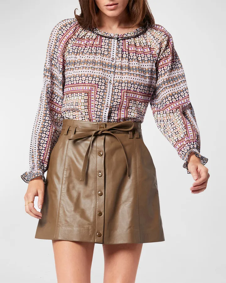 Moneta Blouson-Sleeve Geometric-Print Blouse
