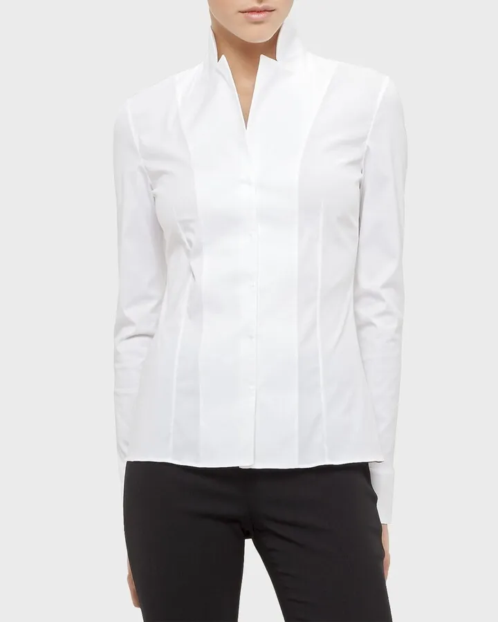 Long-Sleeve Notched-Collar Poplin Blouse