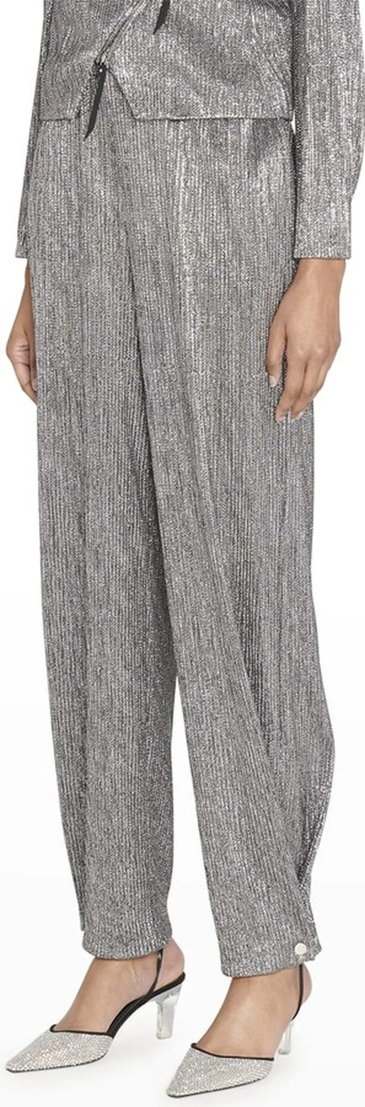 Metallic Belted Paperbag-Waist Tapered-Leg Pants
