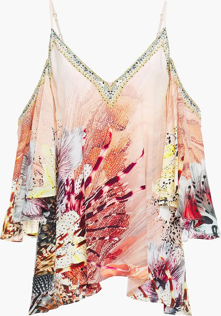 Coastal Treasure cold-shoulder embellished printed silk crepe chine blouse