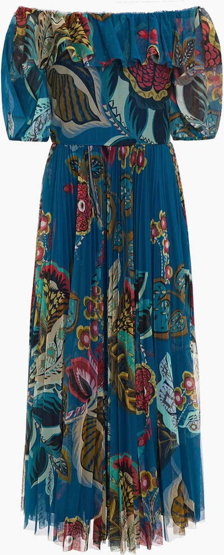 Off-the-shoulder pleated printed tulle midi dress
